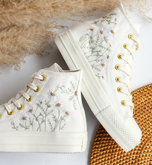 Custom Converse Daisy Flowers Embroidered High Top