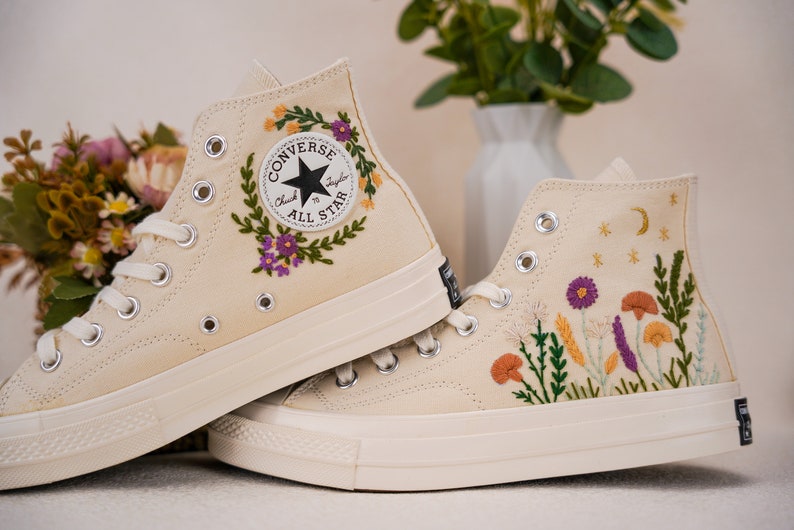 Custom Converse Wedding Bridal Flowers Embroidered High Tops