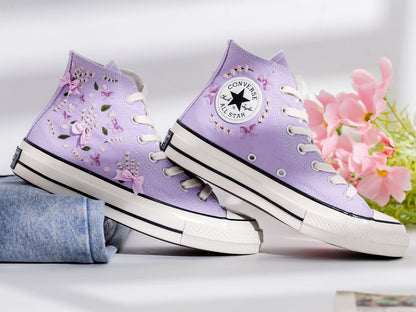 Custom Converse Lavender Flower Embroidered High Tops