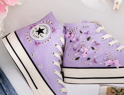 Custom Converse Lavender Flower Embroidered High Tops