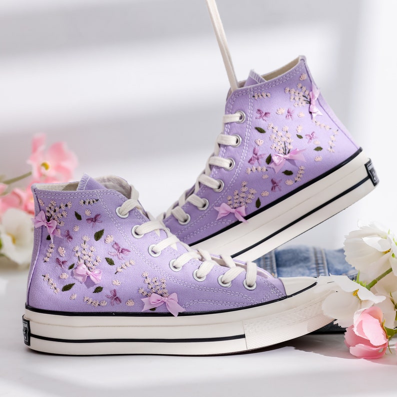 Custom Converse Lavender Flower Embroidered High Tops