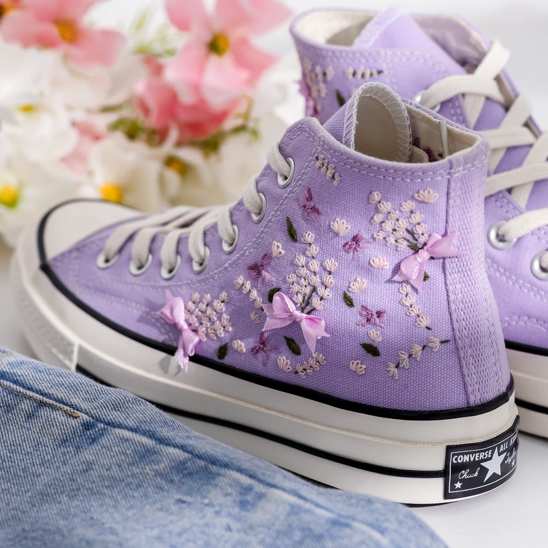 Custom Converse Lavender Flower Embroidered High Tops