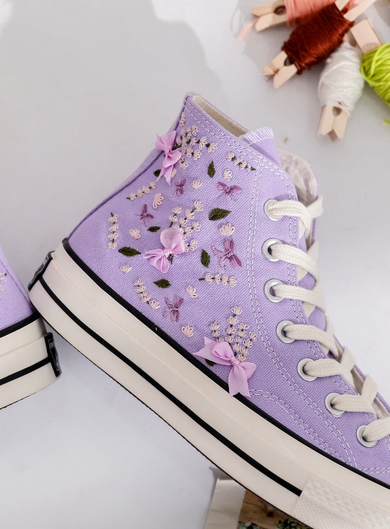 Custom Converse Lavender Flower Embroidered High Tops