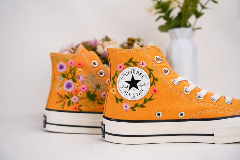 Custom Converse Wedding Flowers Embroidered Shoes Bridal Flowers Embroidered High Tops