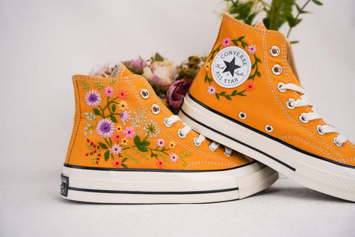 Custom Converse Wedding Flowers Embroidered Shoes Bridal Flowers Embroidered High Tops