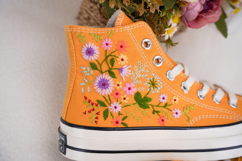 Custom Converse Wedding Flowers Embroidered Shoes Bridal Flowers Embroidered High Tops