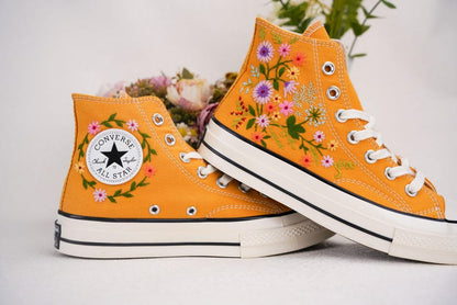 Custom Converse Wedding Flowers Embroidered Shoes Bridal Flowers Embroidered High Tops