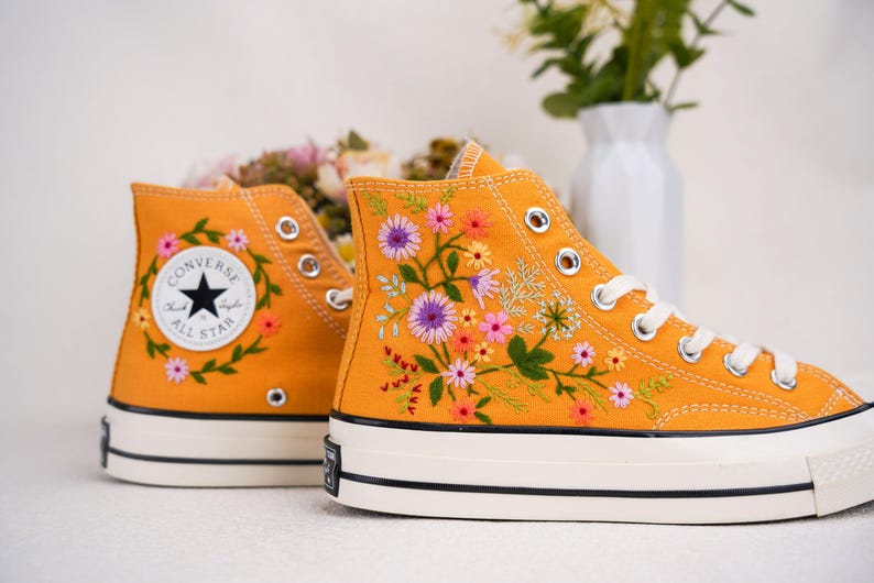 Custom Converse Wedding Flowers Embroidered Shoes Bridal Flowers Embroidered High Tops