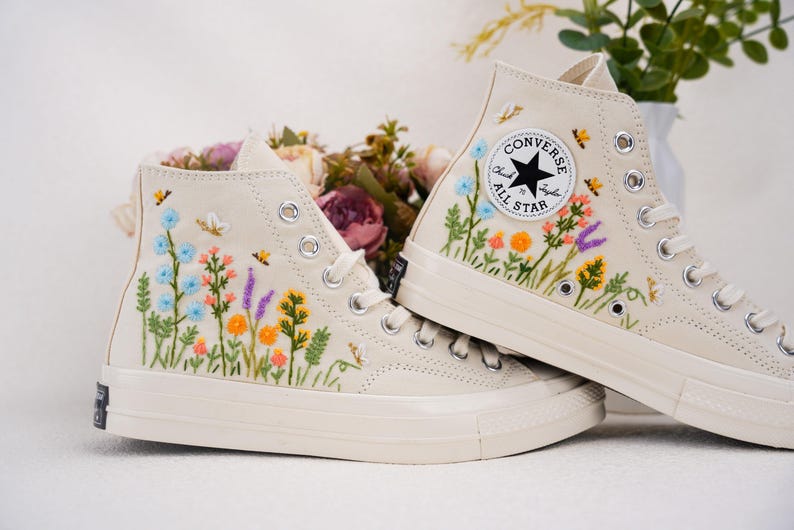 Custom Converse Wedding Flowers Embroidered Shoes Bridal Flowers Embroidered High Tops