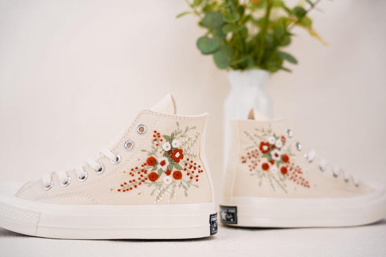 Custom Converse Bridal Flowers in red Embroidered High Tops