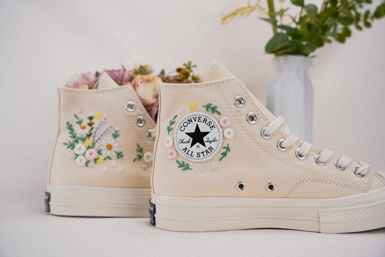 Custom Converse Wedding Bridal Flowers Embroidered High Tops