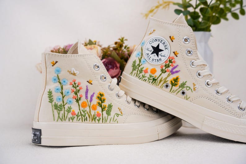 Custom Converse Wedding Flowers Embroidered Shoes Bridal Flowers Embroidered High Tops