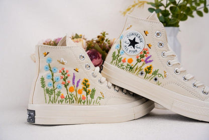 Custom Converse Wedding Flowers Embroidered Shoes Bridal Flowers Embroidered High Tops