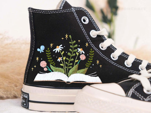 Custom Converse Flowers and Book Embroidered High Tops