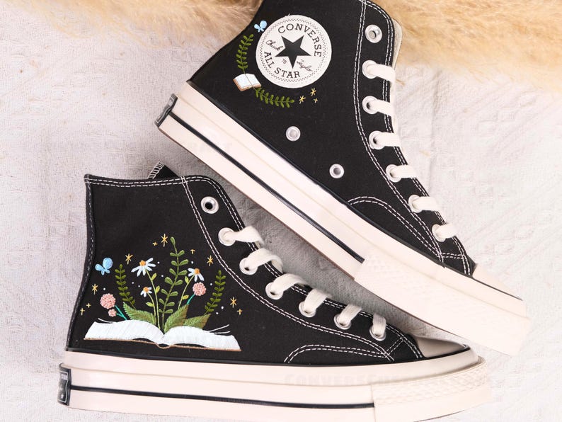 Custom Converse Flowers and Book Embroidered High Tops