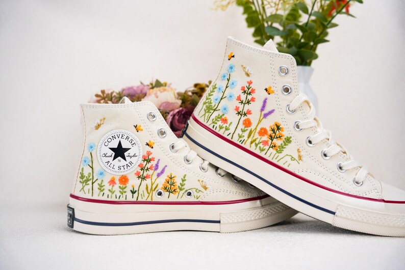Custom Converse Bridal Flowers Embroidered High Tops