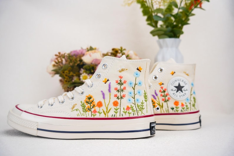 Custom Converse Bridal Flowers Embroidered High Tops