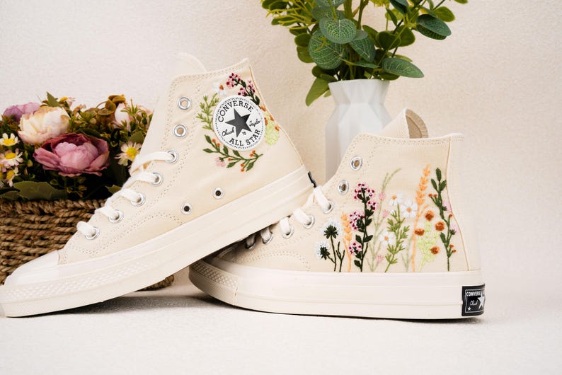 Custom Converse Wedding Bridal Flowers Embroidered High Tops