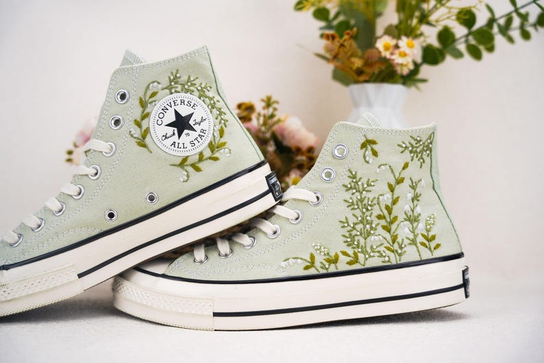 Custom Converse Wedding Flowers Embroidered Shoes Bridal Flowers Embroidered High Tops