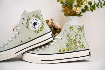 Custom Converse Wedding Flowers Embroidered Shoes Bridal Flowers Embroidered High Tops