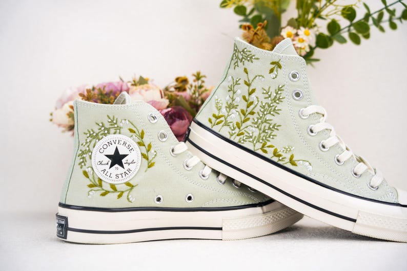 Custom Converse Wedding Flowers Embroidered Shoes Bridal Flowers Embroidered High Tops