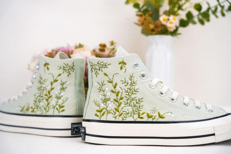 Custom Converse Wedding Flowers Embroidered Shoes Bridal Flowers Embroidered High Tops