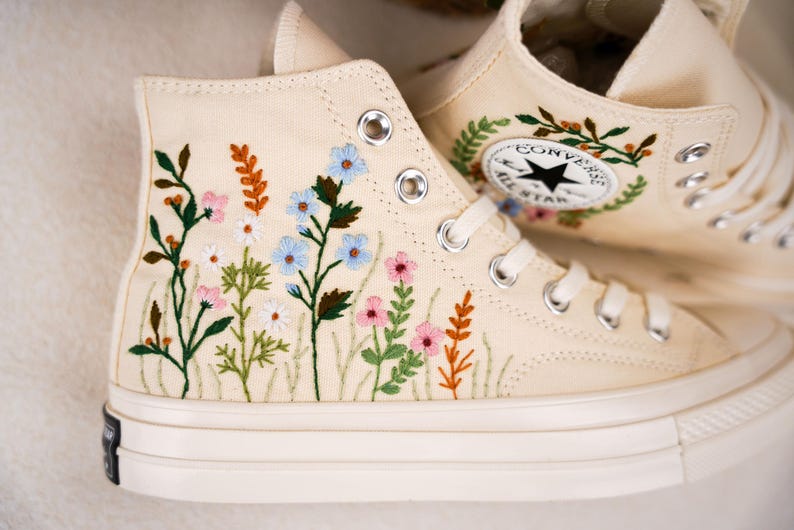 Custom Converse Wedding Flowers Embroidered Shoes Bridal Flowers Embroidered High Tops