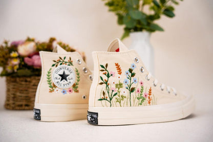 Custom Converse Wedding Flowers Embroidered Shoes Bridal Flowers Embroidered High Tops