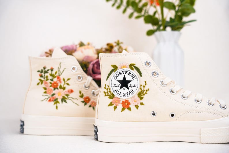 Custom Converse Wedding Bridal Flowers Embroidered High Tops