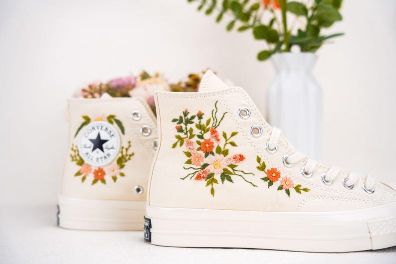 Custom Converse Wedding Bridal Flowers Embroidered High Tops