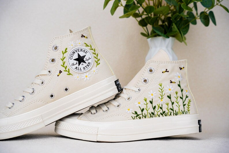 Custom Converse Wedding Bridal Flowers Embroidered High Tops