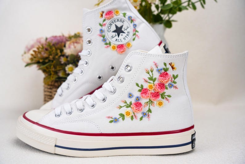 Custom Converse Wedding Flowers Embroidered Shoes Bridal Flowers Embroidered High Tops