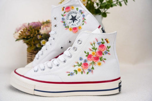 Custom Converse Wedding Flowers Embroidered Shoes Bridal Flowers Embroidered High Tops