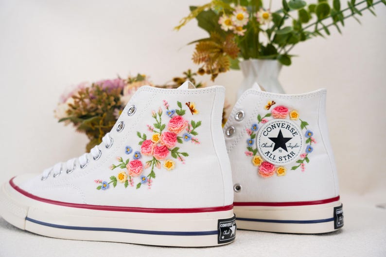 Custom Converse Wedding Flowers Embroidered Shoes Bridal Flowers Embroidered High Tops