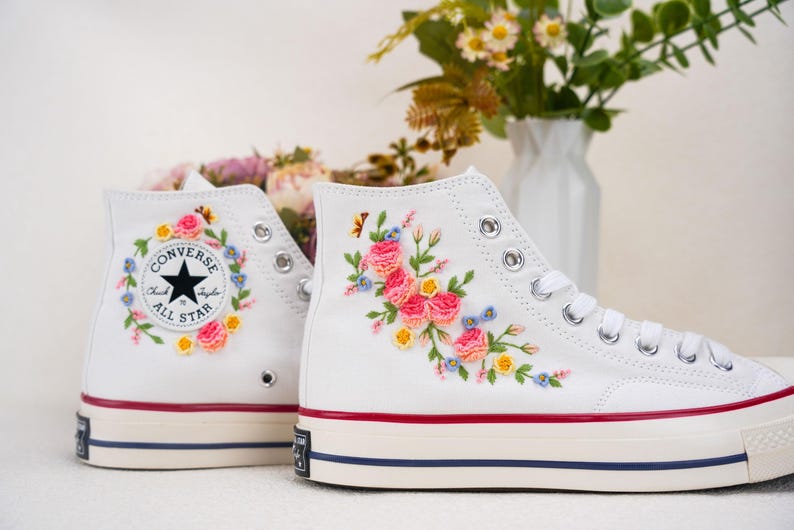 Custom Converse Wedding Flowers Embroidered Shoes Bridal Flowers Embroidered High Tops