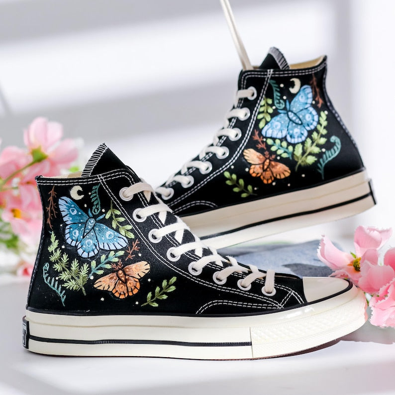 Custom Converse Botanical Butterfly Embroidered High Tops