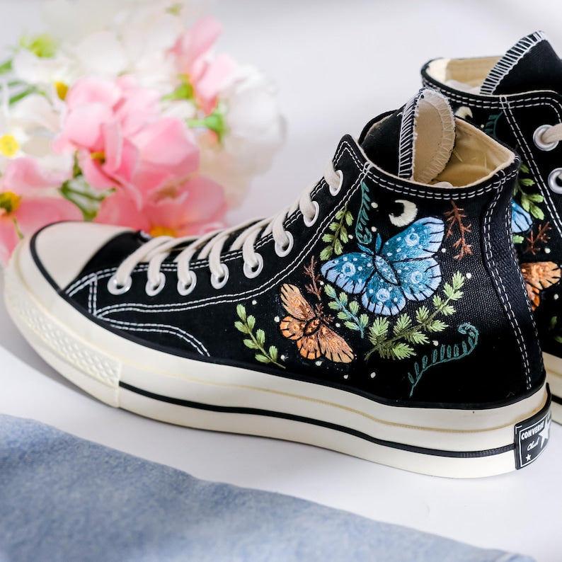 Custom Converse Botanical Butterfly Embroidered High Tops